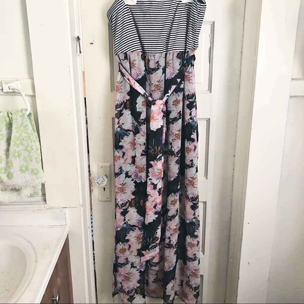 Striped/Floral Strapless Maxi Dress